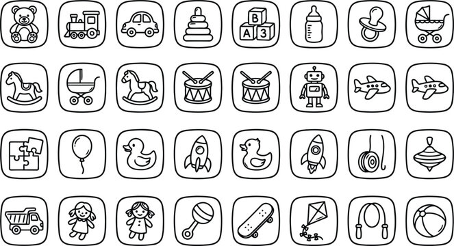 A collection of black and white icons depicting various baby and child related objects and toys.