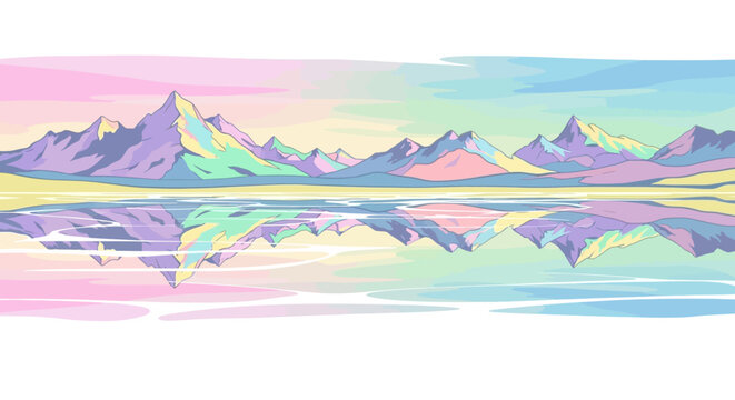 Mountain range landscape with colorful sky.