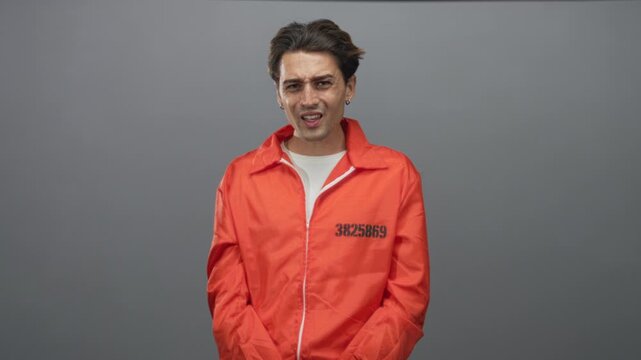 Man wearing orange prison jumpsuit with printed inmate number and handcuffs, hands cuffed at front in studio; remorse vulnerability.