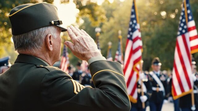 Veteran soldier saluting during memorial day ceremony with us flags