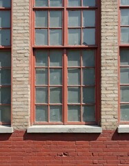 Obraz premium Close view of old building with red brick base and tan brick wall. Large windows with red frames have multiple panes. Daylight shines on structure exterior facade.