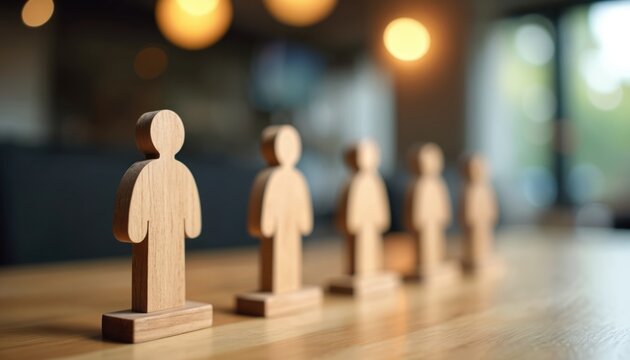 Wooden figures line up on table. Human shapes stand in row. Represents hiring or team building concept in office or workspace. Shows selection or group formation.
