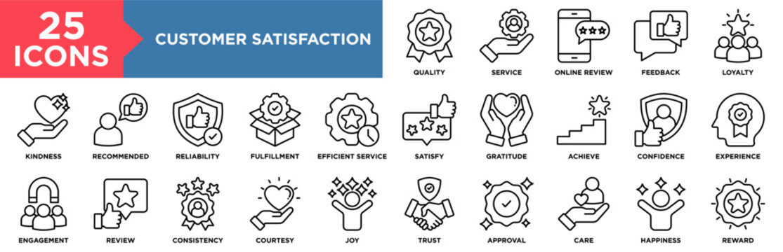 Customer Satisfaction Icon Set Collection. Icon Pack Contain Loyalty, Trust, Happiness, Feedback, Review, Service, Quality, Experience, Approval, Reward