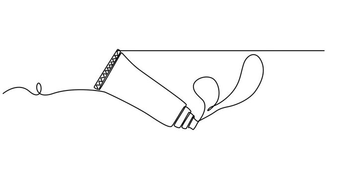 Toothpaste tube .Tube of cream. One continuous drawing line toothpaste .Skin care products. Moisturize, moisturizer, cream, leaf, leaves, natural, eco friendly. Cosmetics concept. One line drawing