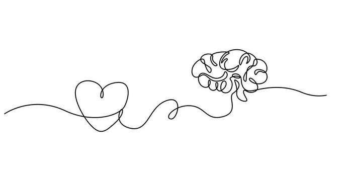 human brain half love heart shaped logo icon. Psychological affection logotype symbol template concept. Full length single line animation. Animated self drawing of one continuous line draw.