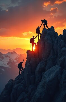 Silhouettes of climbers ascend steep rocky mountain summit at sunset. One person reaches down to help another, symbolizing teamwork and success. A third climber waves from below.
