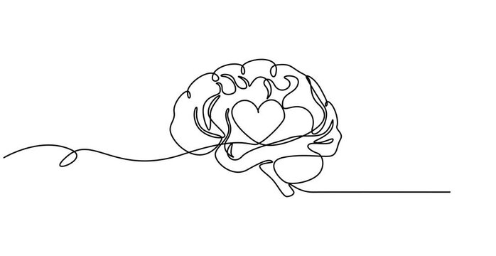human brain half love heart shaped logo icon. Psychological affection logotype symbol template concept. Full length single line animation. Animated self drawing of one continuous line draw.