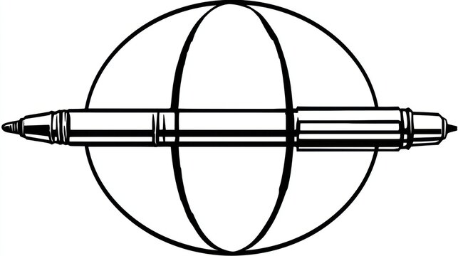 Ballpoint pen intersecting a two-dimensional globe, displayed in black and white