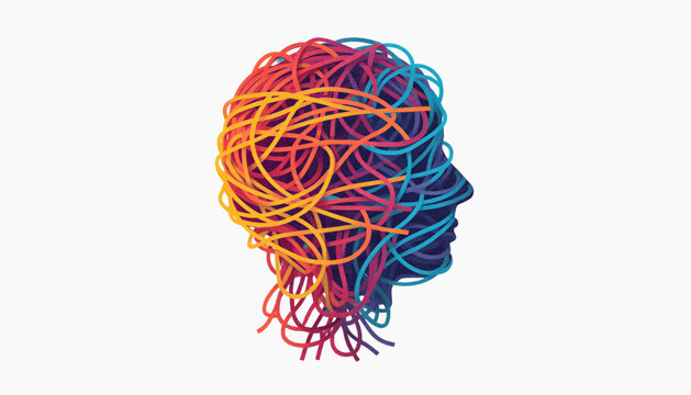 Colorful threads forming a human head silhouette with tangled and untangled sections