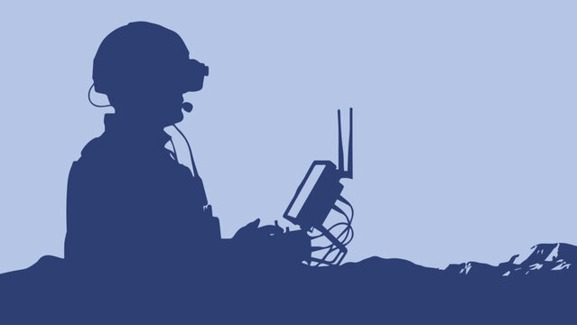 Military drone pilot silhouette wearing FPV goggles, soldier operating remote control transmitter, tactical UAV operator in field combat gear