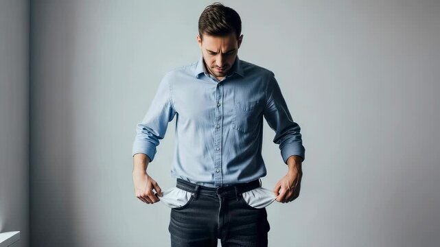 Man showing empty pockets. Sad guy facing financial crisis and poverty. Concept of economic hardship, debt, failed economy and lack of money for personal budget.