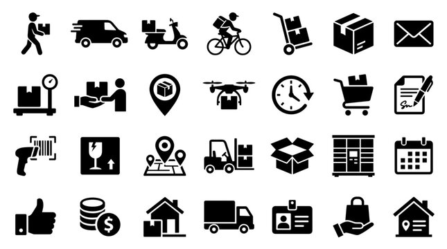 Logistics and delivery icons set representing shipping services, transportation, and supply chain management with modern icons for online business and e-commerce