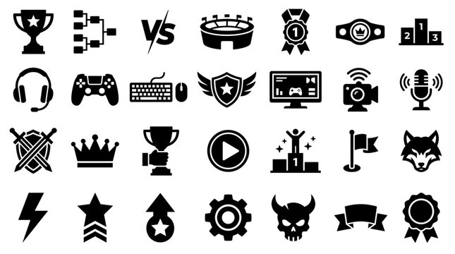 Collection of gaming icons representing esports competition trophies, controllers, headsets, and victory symbols for digital entertainment and online gaming