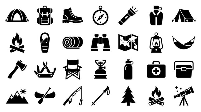 Collection of camping and outdoor adventure icons representing hiking travel and survival gear for nature exploration and recreation activities
