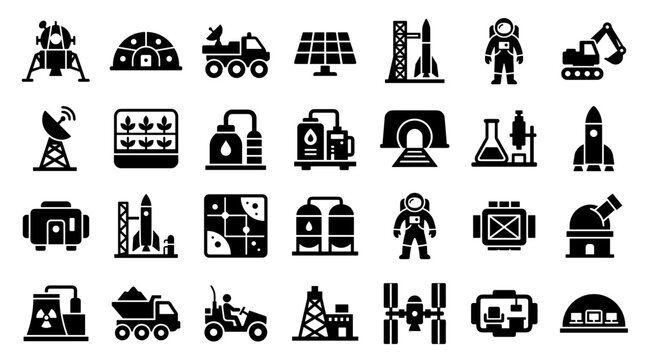 Collection of space exploration and industry icons including rockets, astronauts, rovers, satellites, and industrial equipment representing scientific advancement and technology
