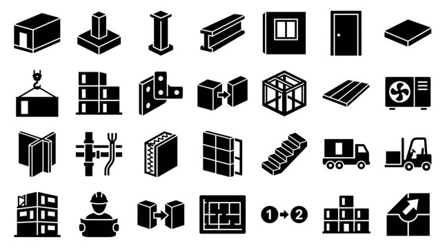 Construction elements and building modules icons set for modular construction and prefabricated housing industry