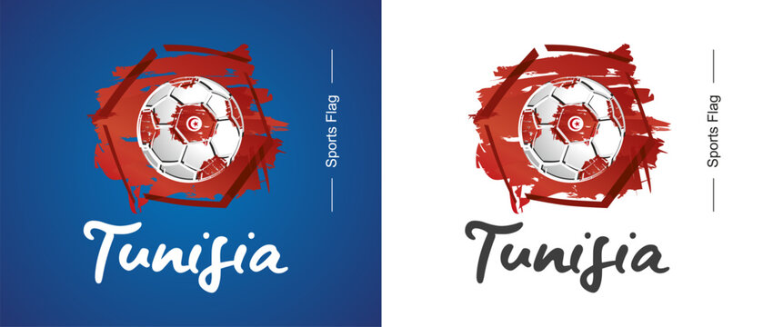 Abstract Tunisia national flag ribbon soccer ball sport icon label banner handwritten typography lettering