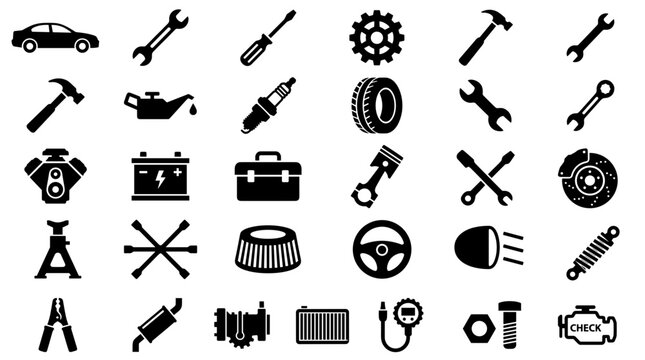 Collection of automotive repair and maintenance icons representing car service tools and vehicle parts for mechanical work and diagnostics
