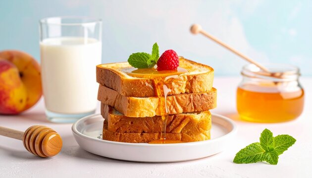 Honey toast on a plate with milk glass and fruits on table