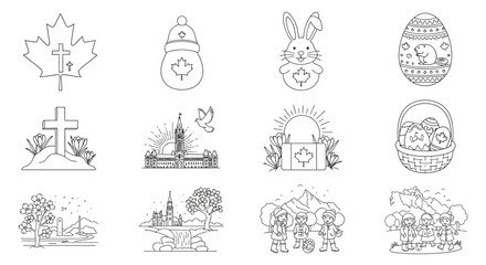 Fototapeta premium Canadian themed doodles including maple leaves easter eggs and parliament hill
