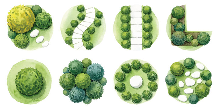 Top view pathway garden architectural plan layout with stone paths stepping stones bushes and grass for landscaping