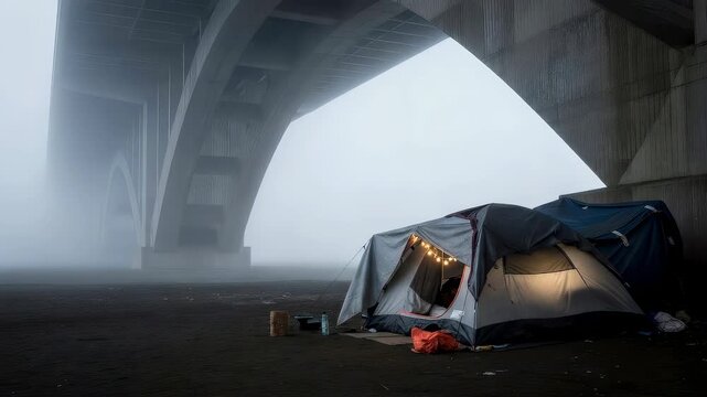 Homeless tent under concrete bridge in heavy fog. Economic crisis disaster with displaced people living in extreme poverty during cold weather social emergency.