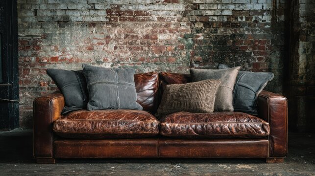 Leather couch with pillows against a textured brick wall in soft, ambient lighting