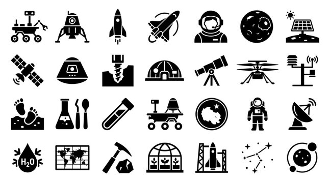 Space Exploration Icons Set: Planets Rockets Astronauts Rovers Satellites Scientific Instruments and Celestial Objects for Cosmic Discovery