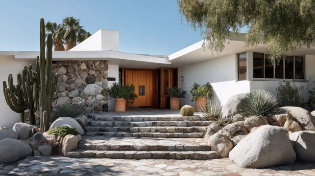 Entrance to a white mid-century modern house with desert landscaping on a sunny day