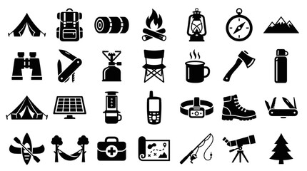 Collection of camping and outdoor adventure icons representing hiking equipment, survival gear, and nature activities for travel and recreation themes © Iconique Studio