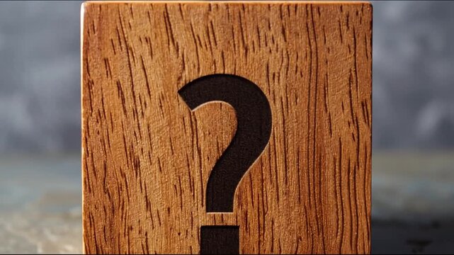 Close-up of a rustic wooden block featuring a carved question mark symbol, representing inquiry, mystery, doubt, problem-solving, and decision-making