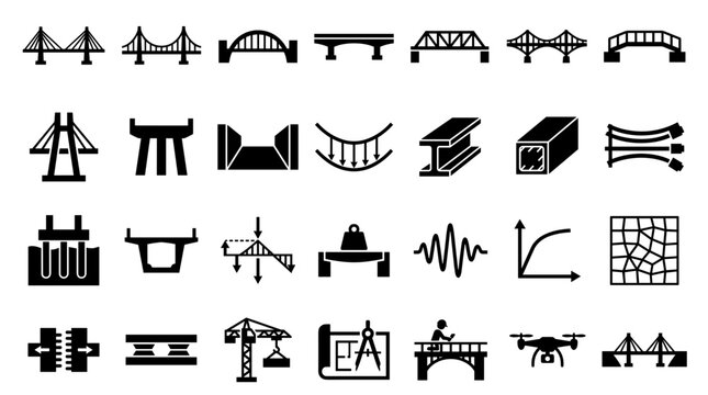 Collection of bridge types and civil engineering icons representing construction design and infrastructure development concepts