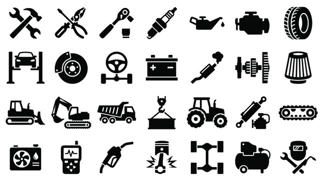 Comprehensive collection of automotive and industrial repair tools and equipment icons representing mechanics and engineering services