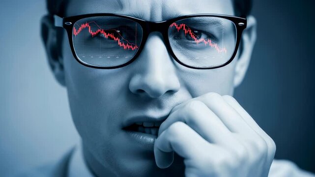 Worried businessman looking at falling stock market chart on glasses reflection. Financial crisis and inflation concept. Economic decline and bankruptcy danger theme.