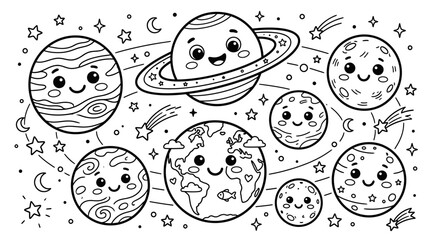 Smiling cartoon planets in space. © Payu