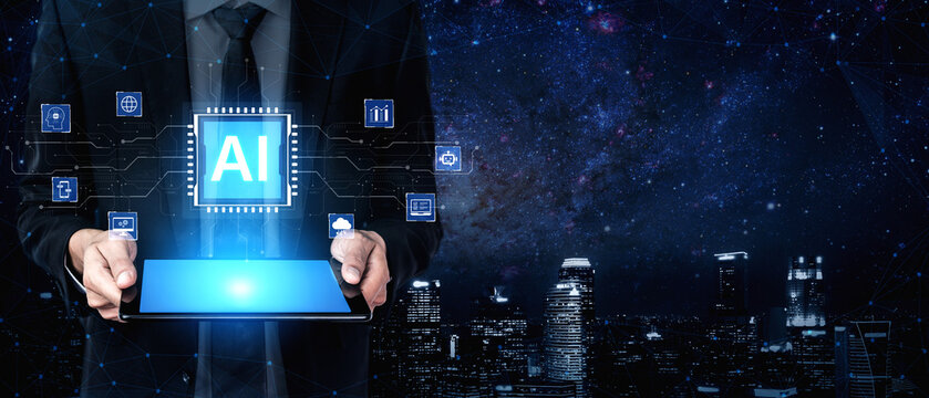 Centralized AI microchip on futuristic circuit board. AI process cloud computing, data analytics, and smart AI automation. Concept for hardware brain and AI core artificial intelligence. Corpus