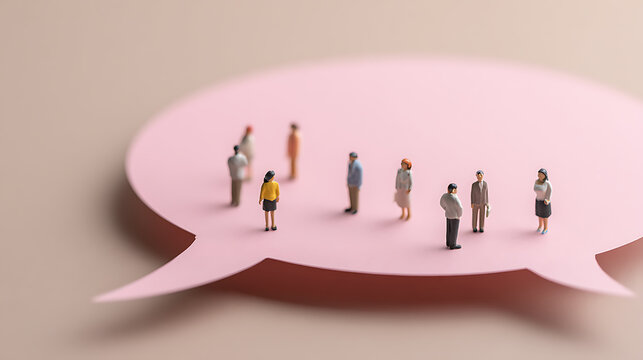 Diverse miniature figures stand on a large pink speech bubble, symbolizing communication, social media, and community interaction concepts
