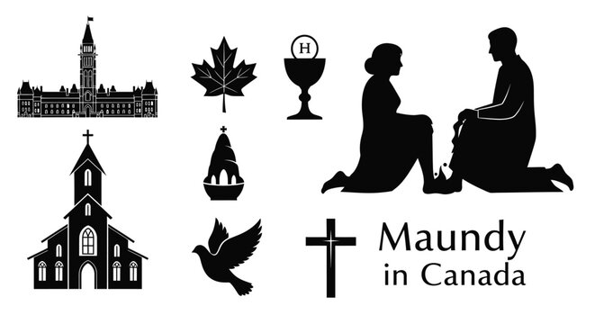 Canadian religious symbols including parliament buildings a church and kneeling figures