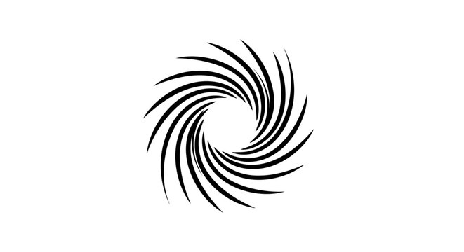 Dynamic abstract black spiral vortex design, swirling lines creating a modern geometric rotation symbol on a clean white background.