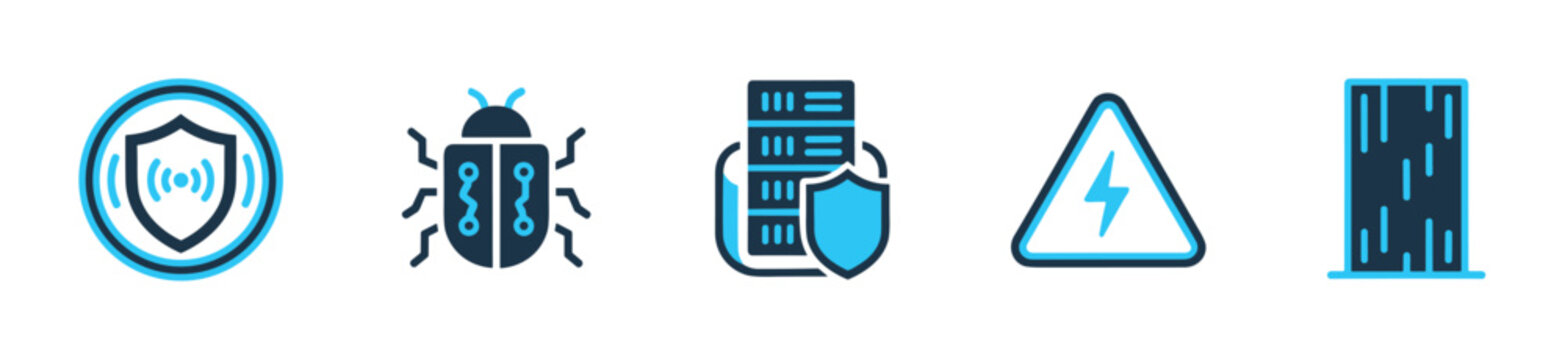 Set of modern blue vector icons for cyber security and technology. Includes shield, bug, secure server, and warning signs. Perfect for web design, apps, and data protection concepts.