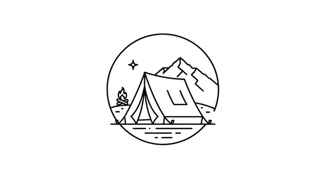 Minimalist line art illustration of a camping tent in mountains with a campfire under stars, representing outdoor adventure, travel, and nature exploration.