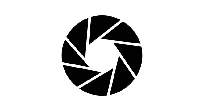 Black camera lens aperture icon. Optical iris mechanism symbol for photography, focus, capture, and vision.