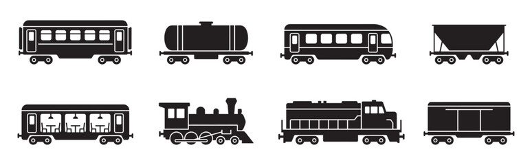 Railway transportation icons set, vintage locomotive and modern cargo freight wagons silhouettes. Vector Illustration. © Roberto_Caravelli