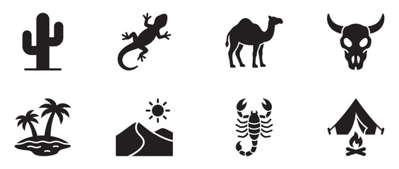Fototapeta premium Desert environment and wildlife icons set, hot climate nature and camping adventure symbols. Vector Illustration.
