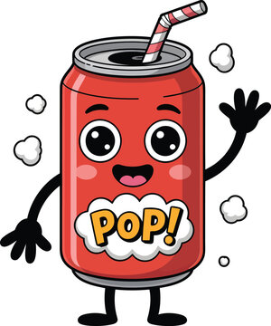 Cute red soda can character waving hello