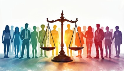 Diverse group of people stand behind scales of justice. This symbolises fairness, equality, and balance in law and society. Legal concept for human rights and legal system.