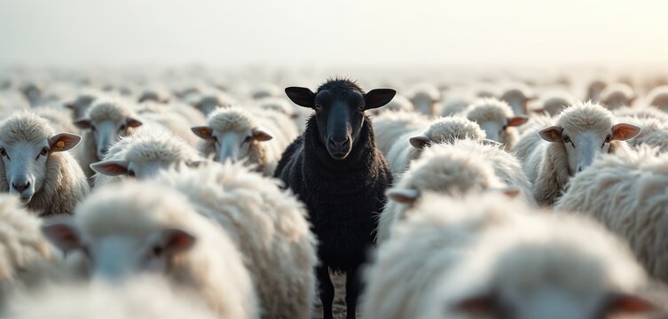 One black sheep stands out from flock of white sheep in meadow. Animal is different from herd. Symbolizes individuality and nonconformity in nature.