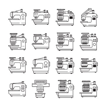 Sewing Machine Icons: Industrial Home Embroidery Models in Line Art Style