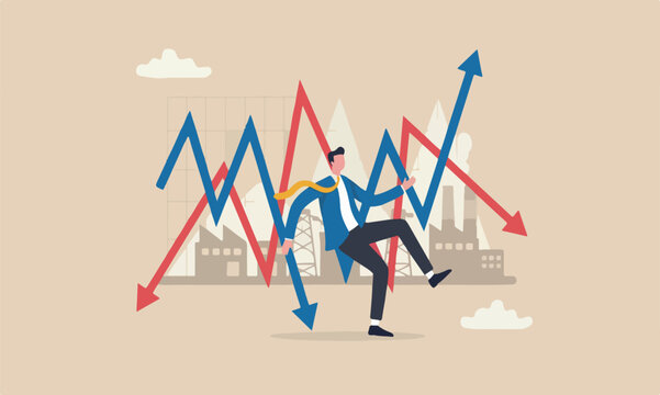 Financial, flat design with clean lines and minimal shading businessman investor fall on uncertainty, volatile up down arrow profit graph