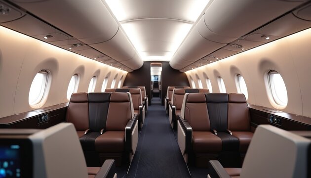 Luxurious aircraft interior features spacious first class seating pods with premium leather upholstery. Comfortable passenger seats offer individual space for travel. Modern plane cabin design awaits.